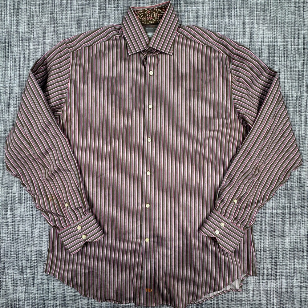 Thomas Dean Mens Large Pima Cotton Striped Button Up Shirt Brown Long Sleeve